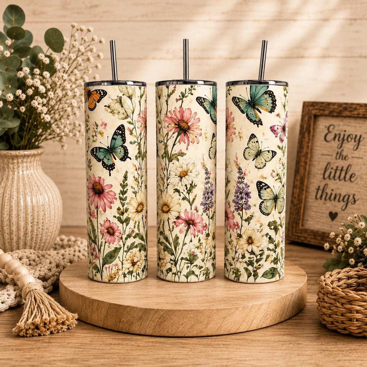 Butterfly Wildflower Stainless Steel Tumbler, Cottagecore Boho Nature Drinkware