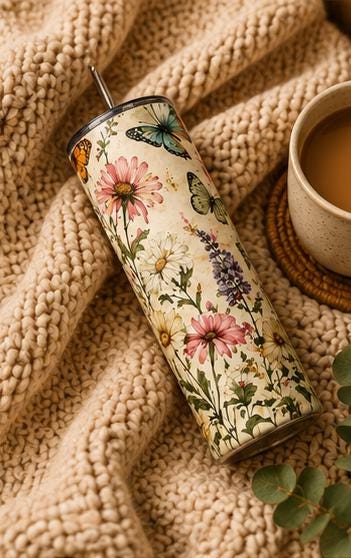 Butterfly Wildflower Stainless Steel Tumbler, Cottagecore Boho Nature Drinkware