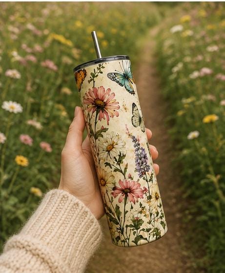 Butterfly Wildflower Stainless Steel Tumbler, Cottagecore Boho Nature Drinkware