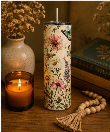 Butterfly Wildflower Stainless Steel Tumbler, Cottagecore Boho Nature Drinkware
