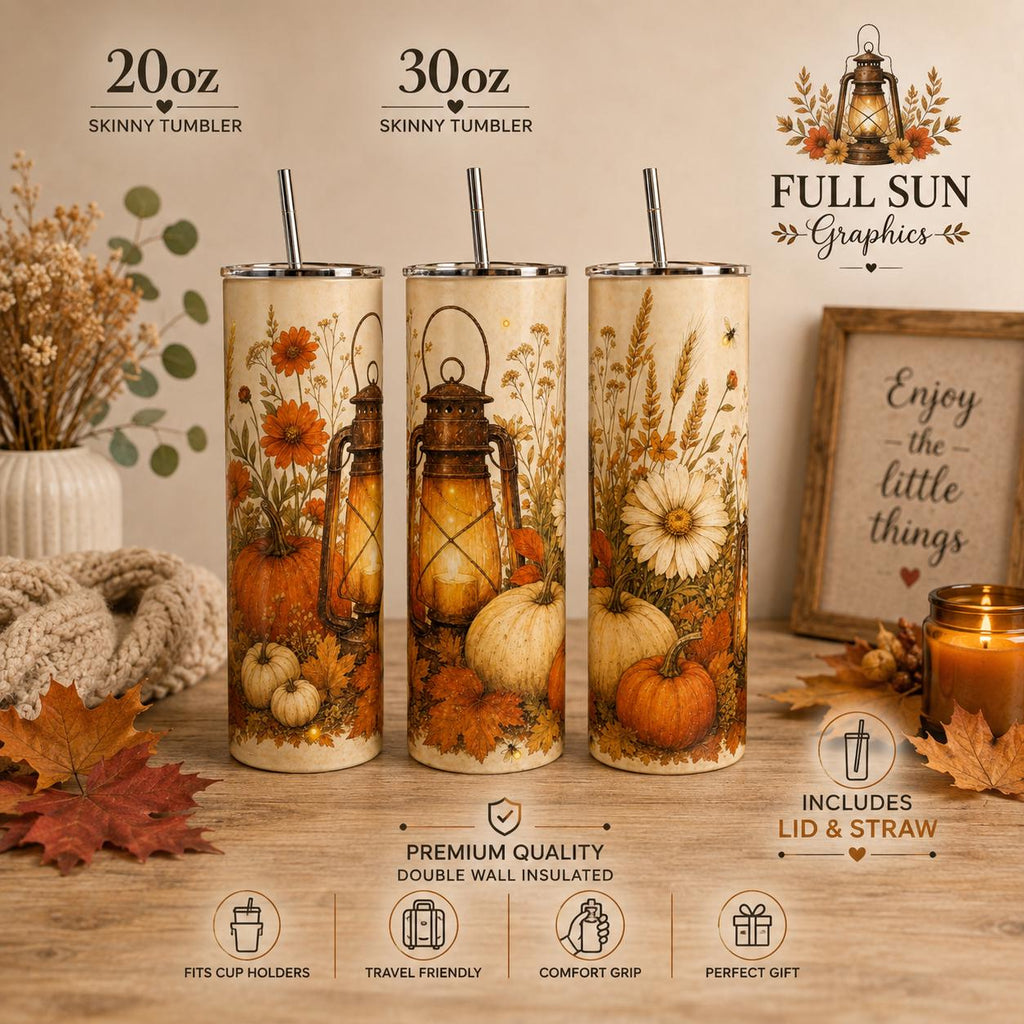 Fall Pumpkin Skinny Tumbler, Autumn 20oz with Straw, Fall Travel Cup Gift