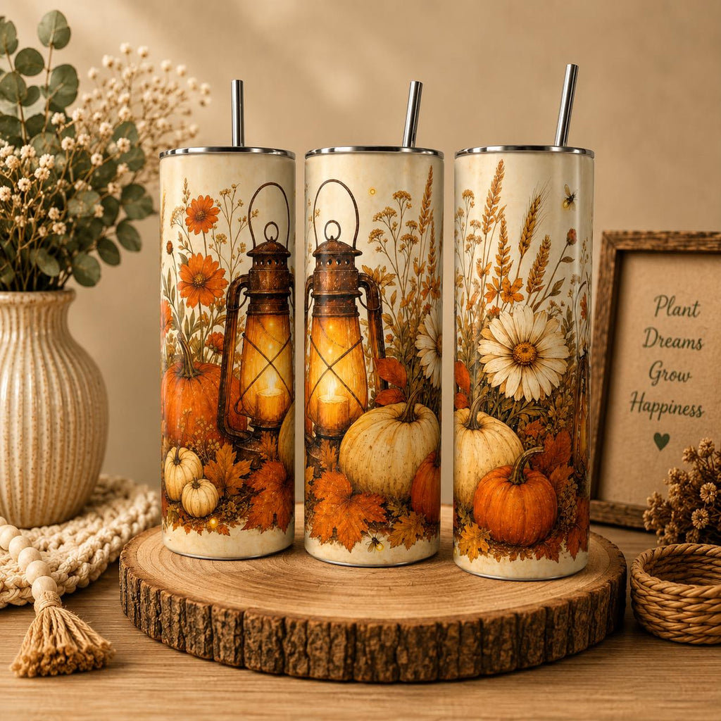 Fall Pumpkin Skinny Tumbler, Autumn 20oz with Straw, Fall Travel Cup Gift