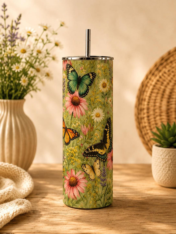 Butterfly Garden Tumbler, Vintage Botanical Wildflower Skinny Cup