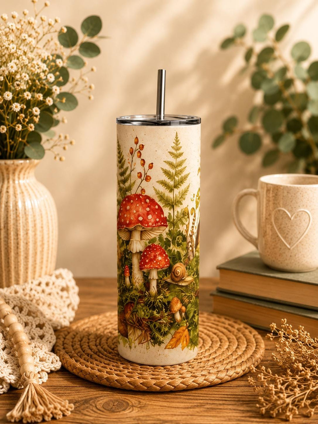 Mushroom Skinny Tumbler, Woodland Forest 20oz with Straw, Nature Lover Gift