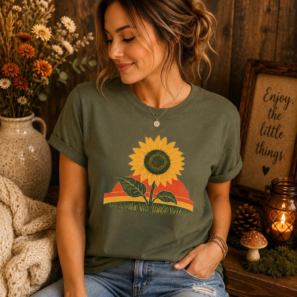 Retro Sunflower Sunset Shirt, Boho Graphic Tee, Sunflower Gift