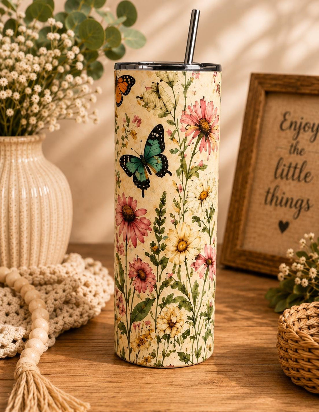 Butterfly Wildflower Stainless Steel Tumbler, Cottagecore Boho Nature Drinkware