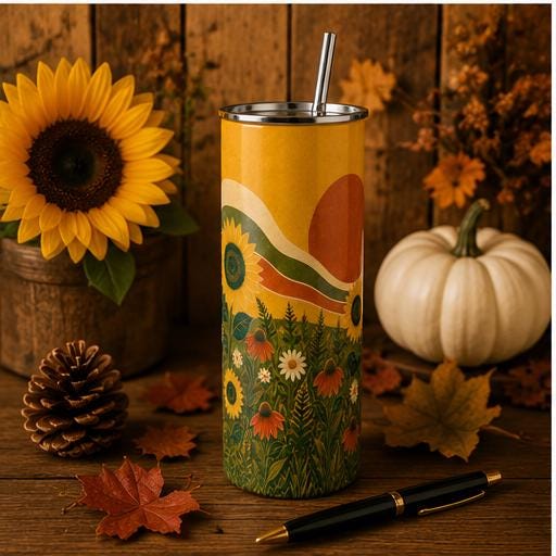 Retro Sunflower Skinny Tumbler, Boho Wildflower Cup, Sunflower Nature Gift
