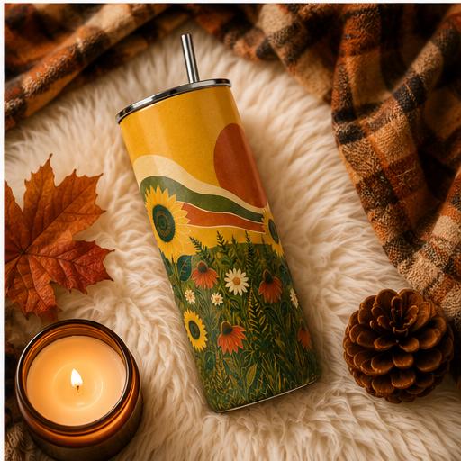 Retro Sunflower Skinny Tumbler, Boho Wildflower Cup, Sunflower Nature Gift