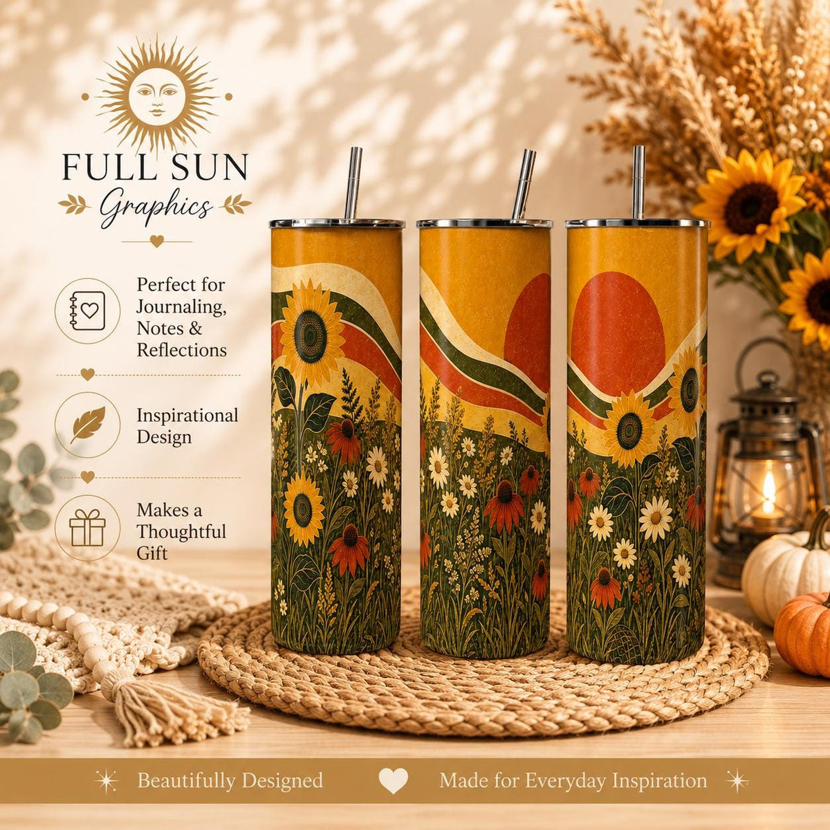 Retro Sunflower Skinny Tumbler, Boho Wildflower Cup, Sunflower Nature Gift