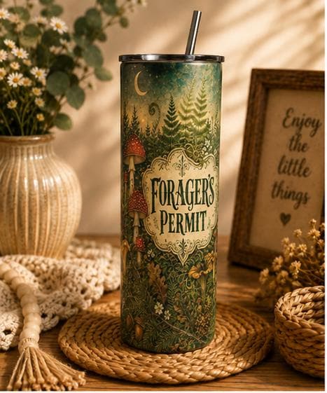 Forager's Permit Skinny Tumbler, Mushroom Cottagecore Cup,Cottagecore Nature Travel Mug