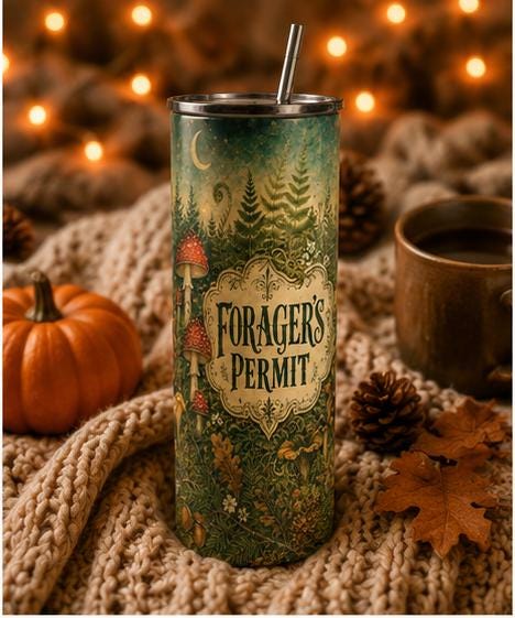 Forager's Permit Skinny Tumbler, Mushroom Cottagecore Cup,Cottagecore Nature Travel Mug