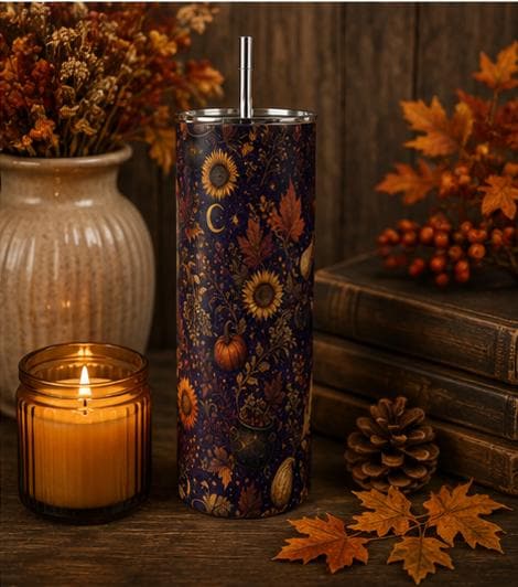 Pumpkin Celestial Skinny Tumbler, Fall Witchy 20oz Cup, Gift for Her