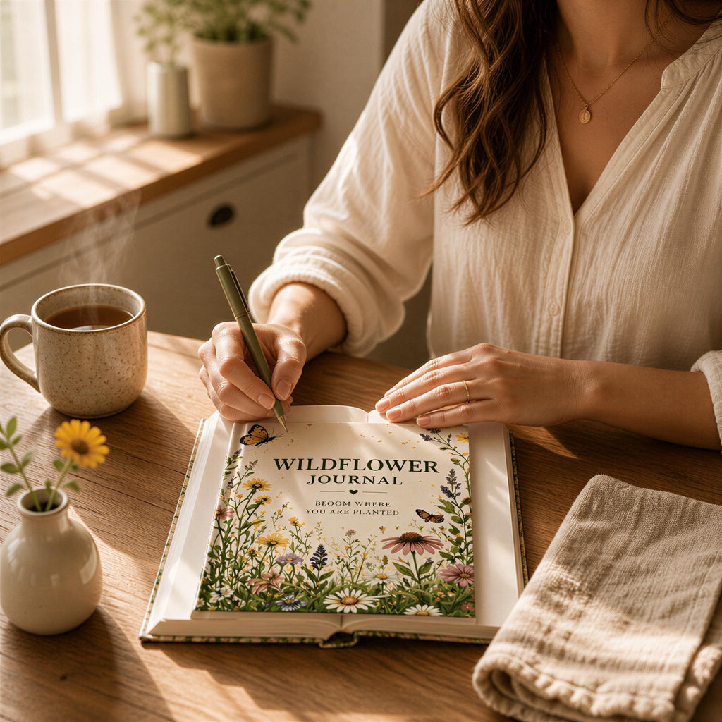 A woman is sitting at a table, writing in a notebook with a pen, surrounded by a cup of tea, a vase with flowers, and a potted plant.