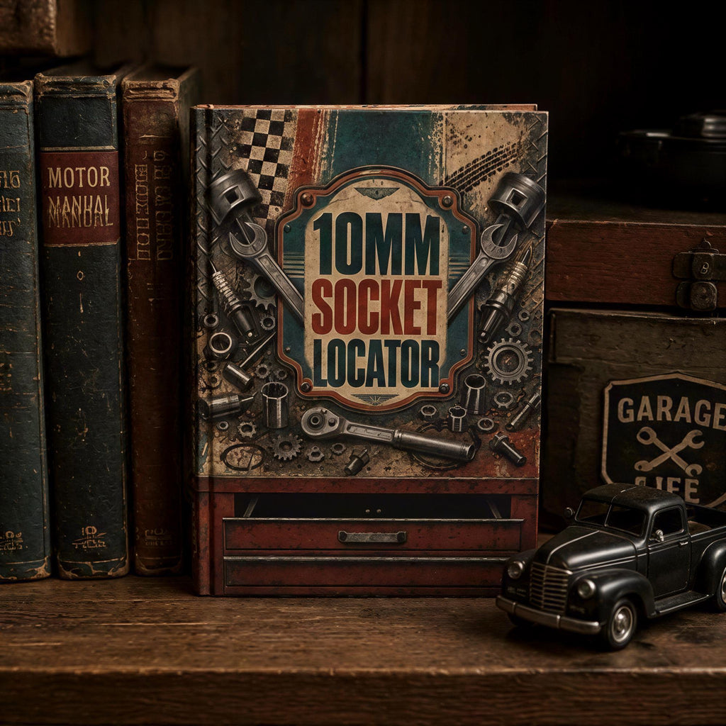 a vintage-style book titled "10mm socket locator" on a wooden shelf, surrounded by other books and a small toy car.