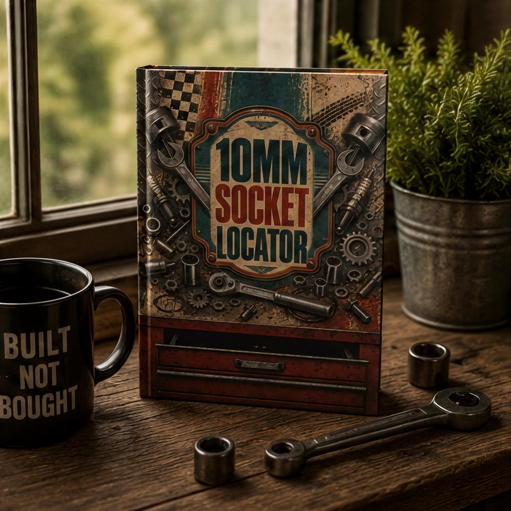 a book titled "10mm Socket Locator" on a wooden table, surrounded by various tools and a mug.