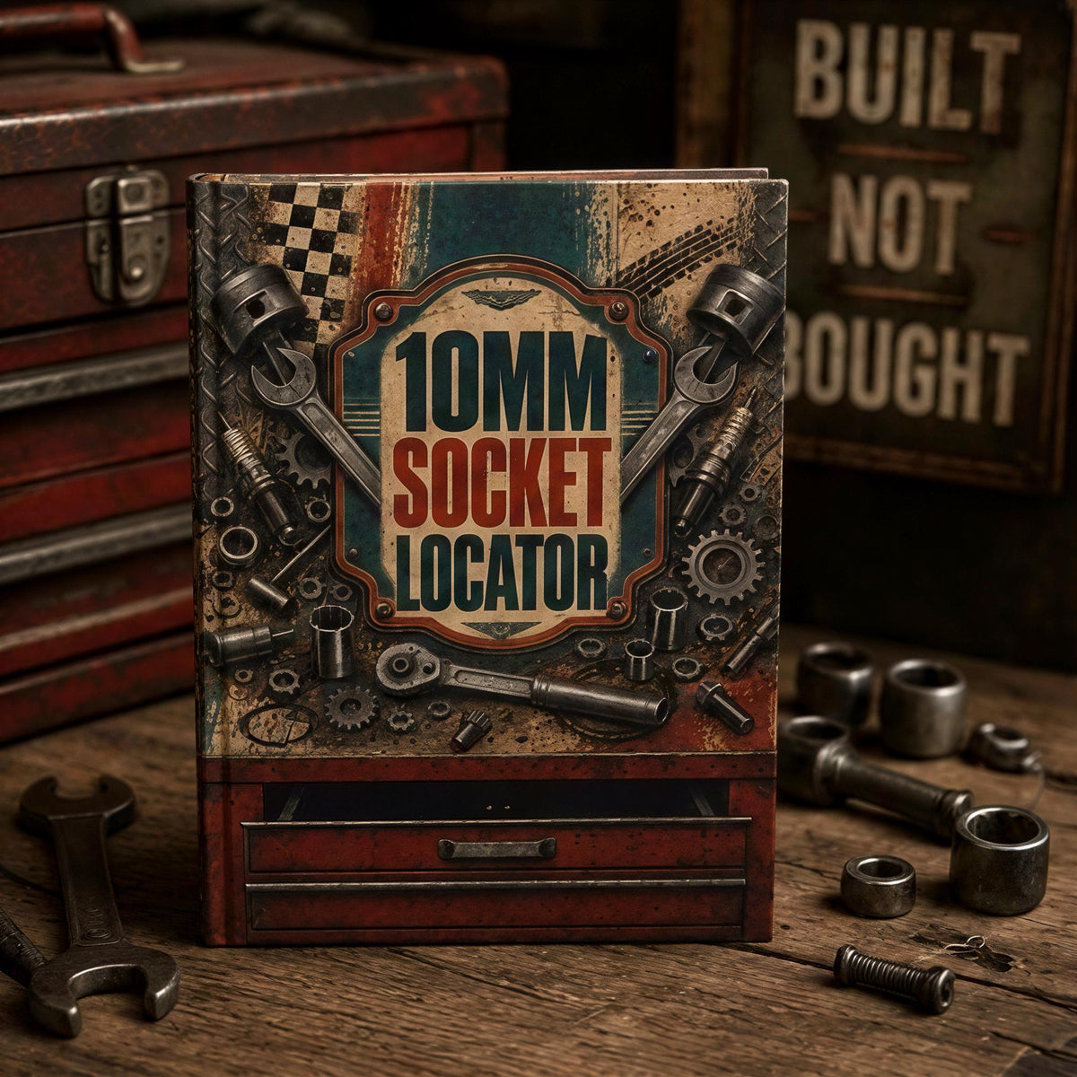 a book titled "10mm Socket Locator" with various tools and parts related to a workshop or garage setting, such as wrenches, nuts, and bolts, displayed on a wooden surface.