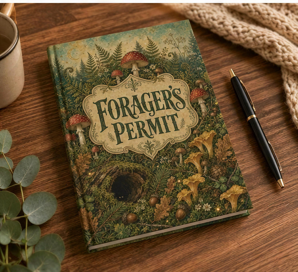 a book titled "Forager's Permit" with a forest-themed cover, placed on a wooden surface alongside a pen and a mug.