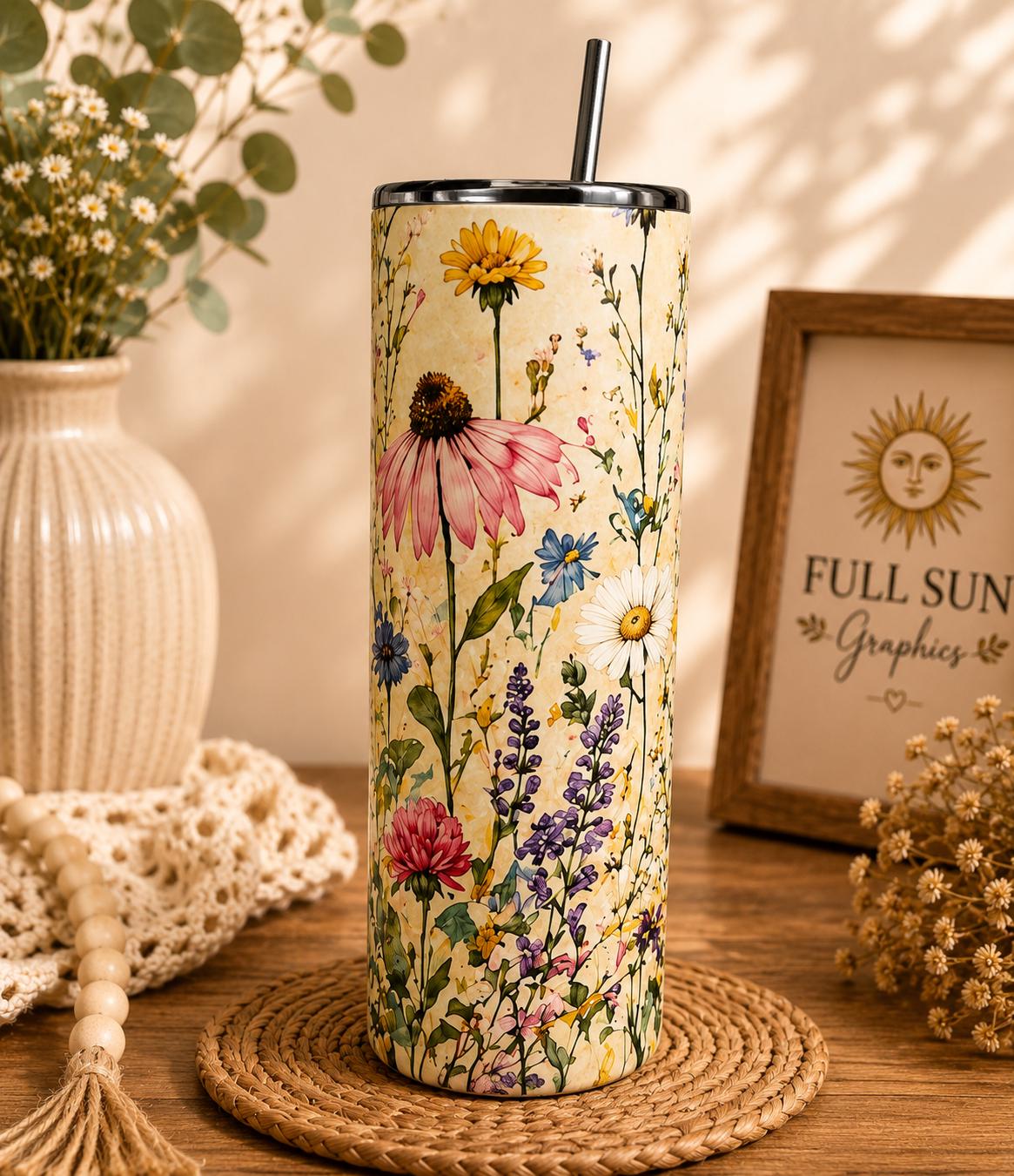 Wildflower Stainless Steel Tumbler, Cottagecore Floral Drinkware, Botanical Travel Cup