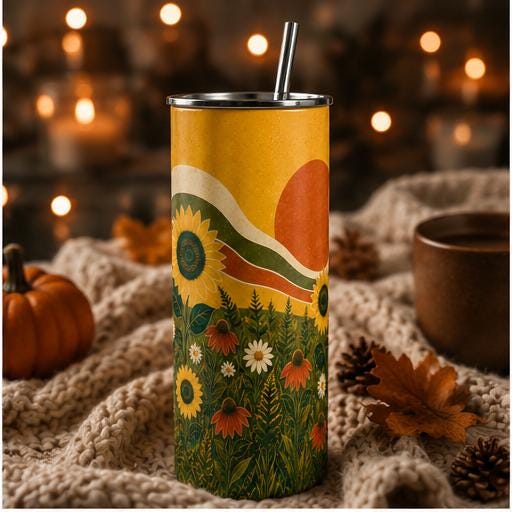 Retro Sunflower Skinny Tumbler, Boho Wildflower Cup, Sunflower Nature Gift
