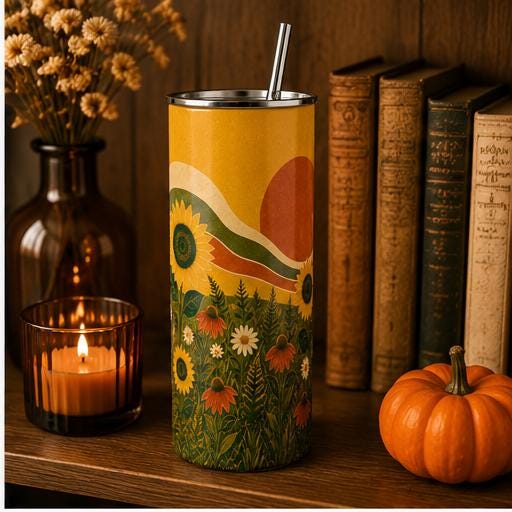 Retro Sunflower Skinny Tumbler, Boho Wildflower Cup, Sunflower Nature Gift