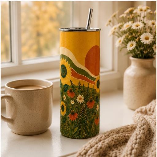 Retro Sunflower Skinny Tumbler, Boho Wildflower Cup, Sunflower Nature Gift