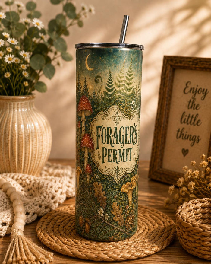 Forager's Permit Skinny Tumbler, Mushroom Cottagecore Cup,Cottagecore Nature Travel Mug