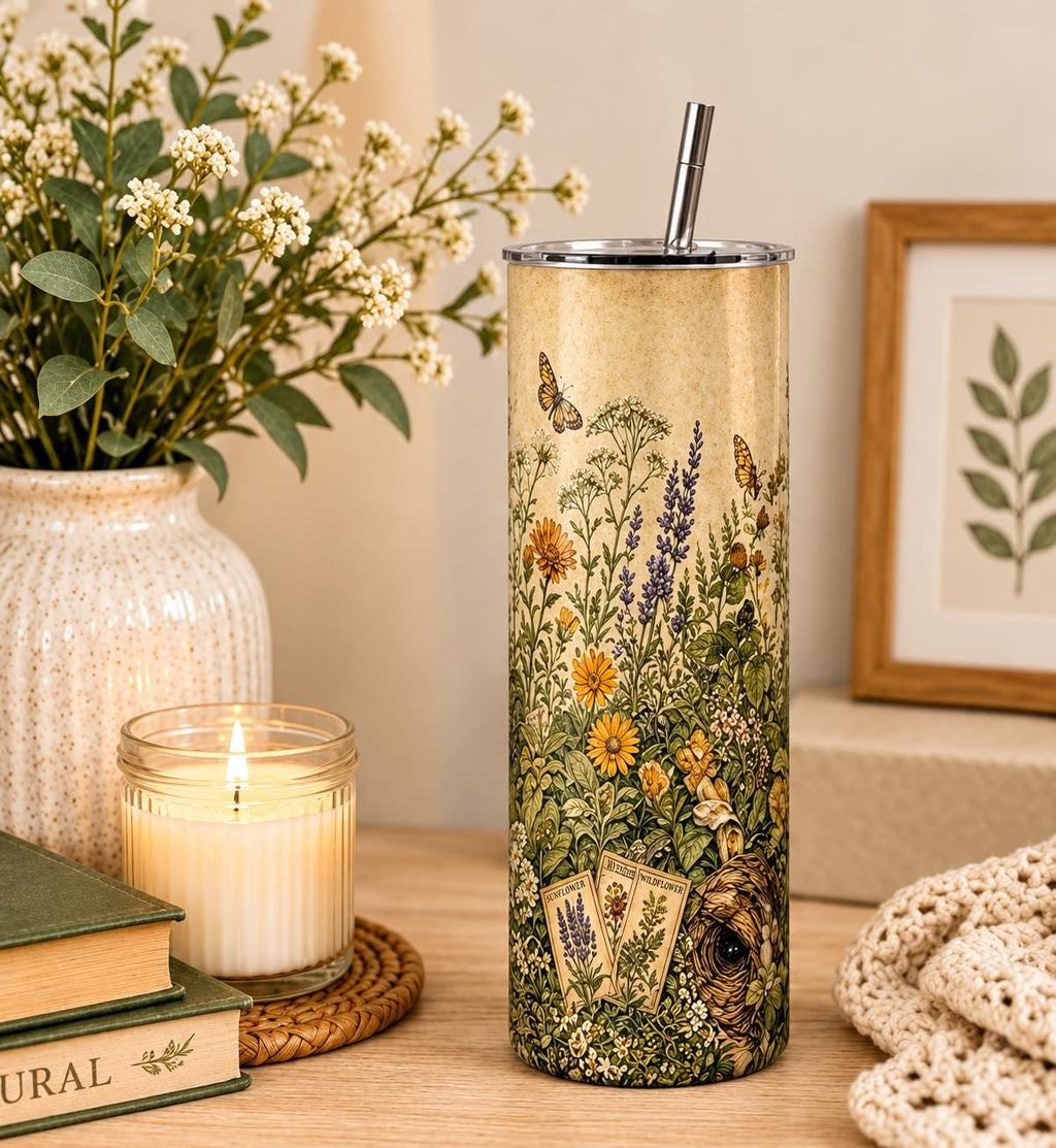Botanical Wildflower Skinny Tumbler, Cottagecore Garden Travel Cup, Nature Lover Gift