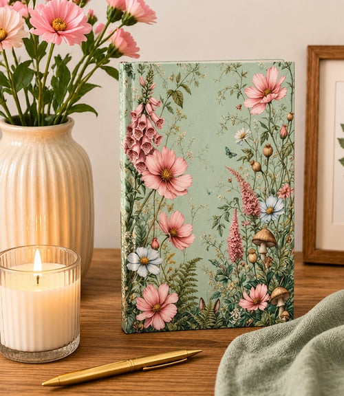 Cottagecore Journal, Wildflower Mushroom Hardcover Notebook, Sage Green Floral Diary, Gift for Her