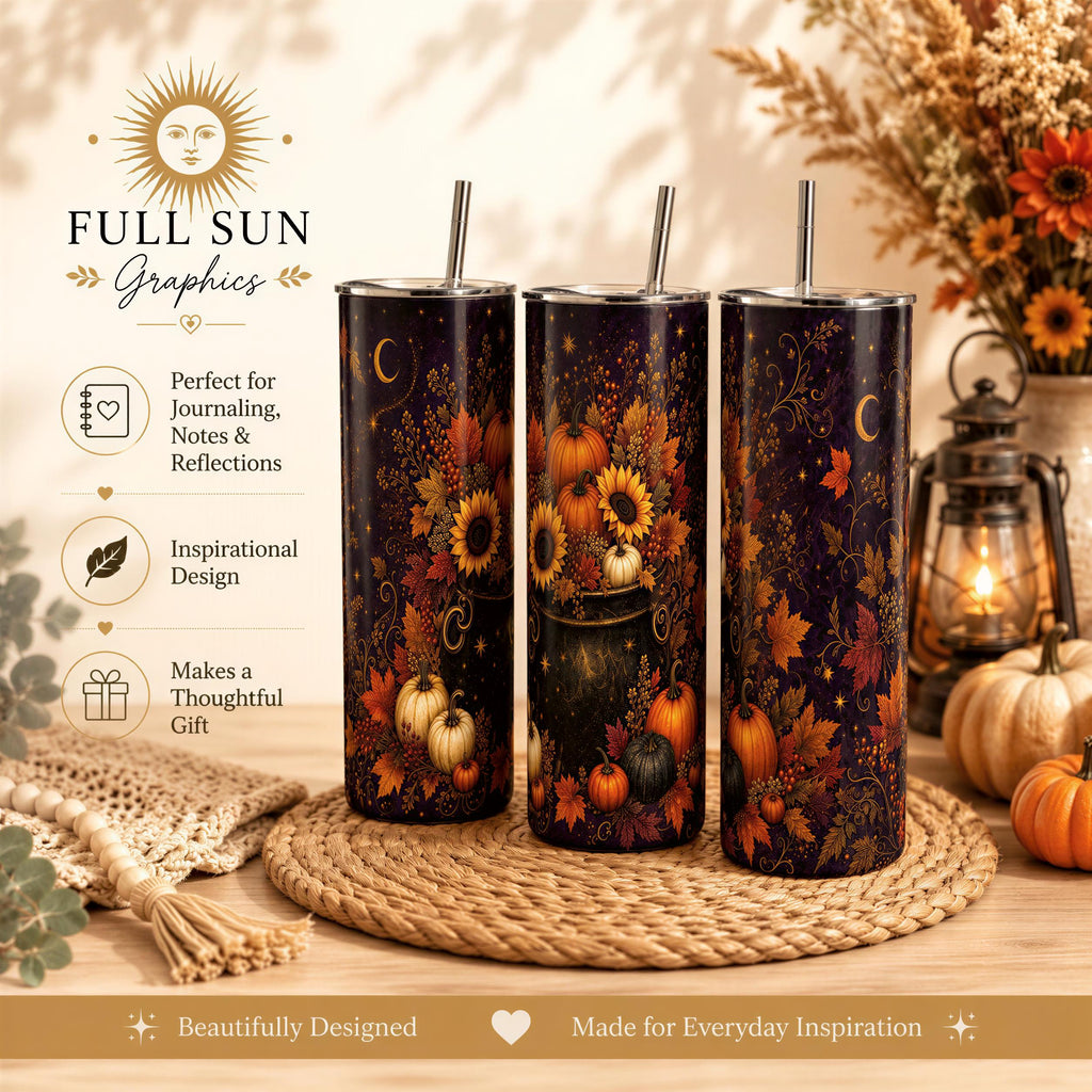 three decorative tumblers with autumn-themed designs, including pumpkins, leaves, and a cauldron. The tumblers are placed on a woven mat, and there are pumpkins and a lantern in the background. The image also includes text that describes the tumblers as "Perfect for journaling, notes, reflections", "Inspirational design", "Beautifully designed", and "Made for everyday inspiration".