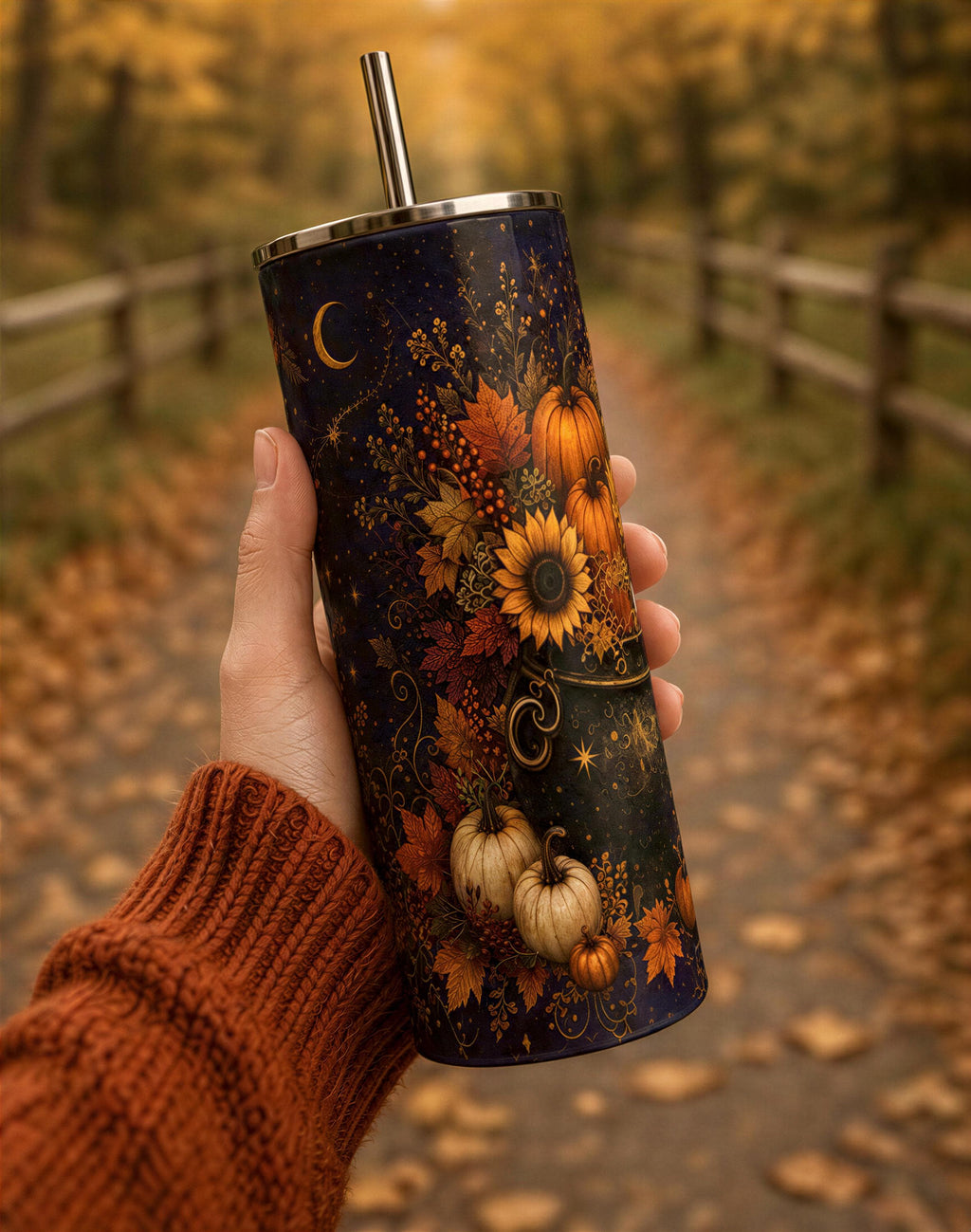 A hand holding a colorful, patterned tumbler with autumn-themed designs, including pumpkins, sunflowers, and leaves, against a blurred background of a wooded area.