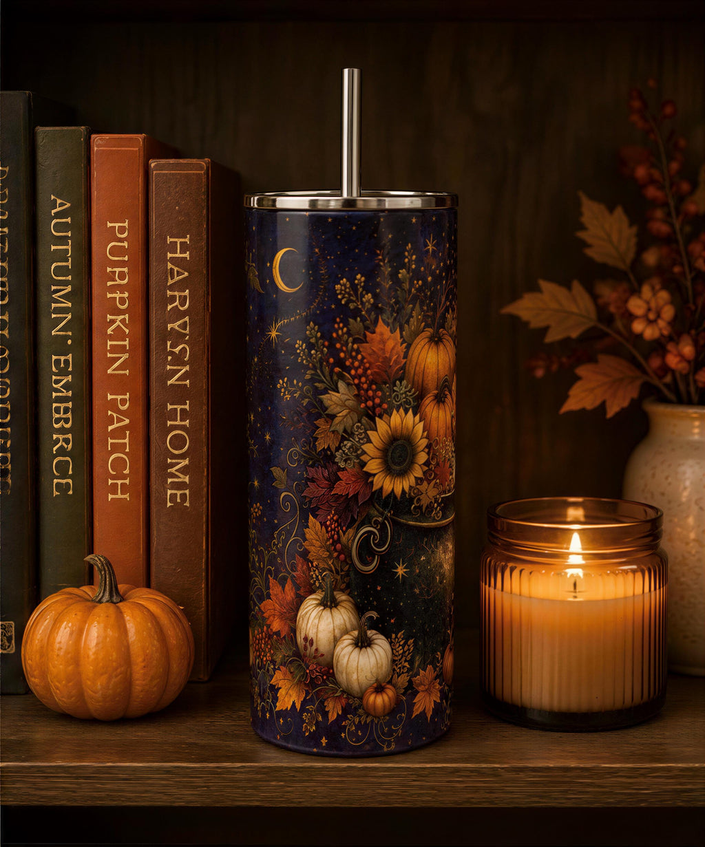 A collection of autumn-themed items is displayed on a shelf, including a tall cylindrical container with a floral design, a small orange pumpkin, a candle, and a few books.