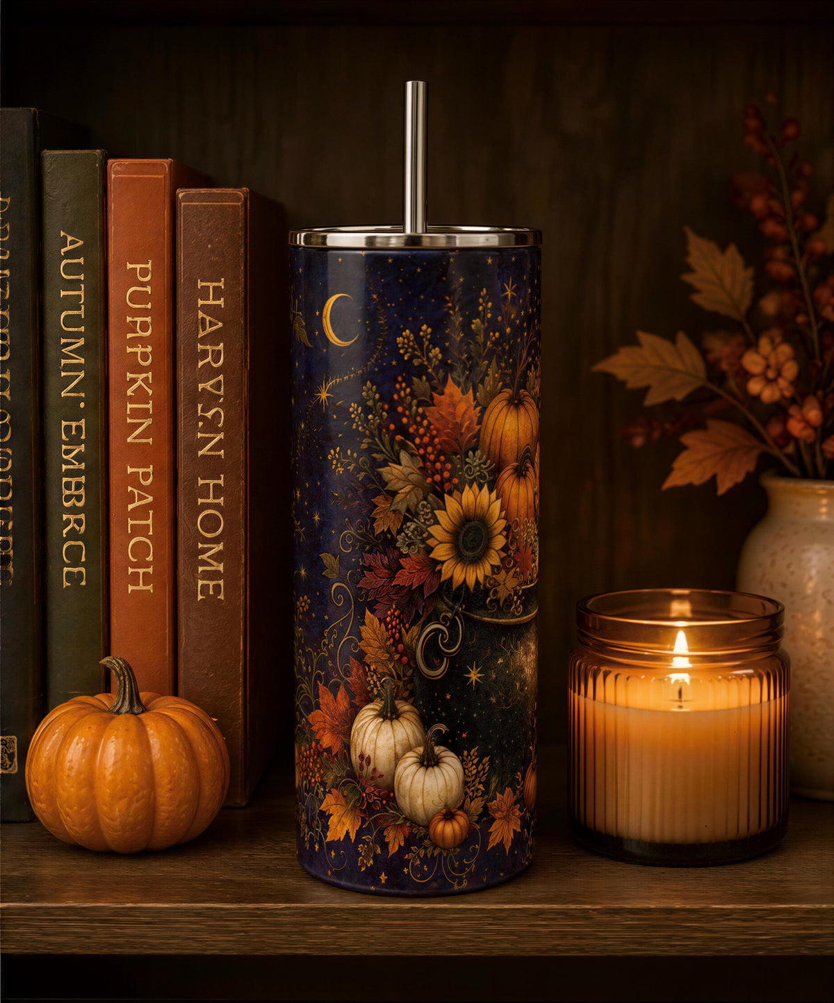 A collection of autumn-themed items is displayed on a shelf, including a tall cylindrical container with a floral design, a small orange pumpkin, a candle, and a few books.