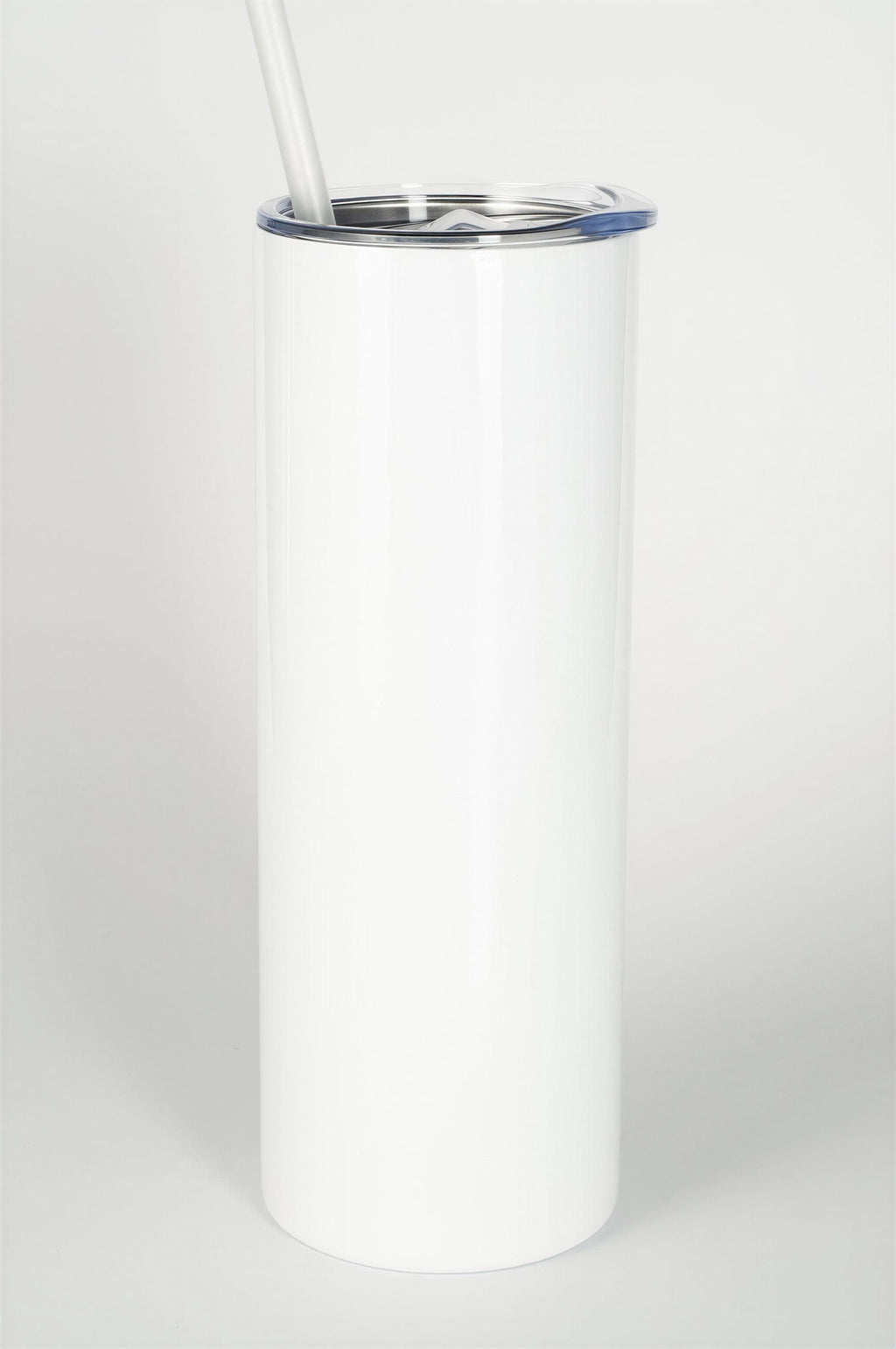 A white cylindrical container with a lid, featuring a straw sticking out of it.