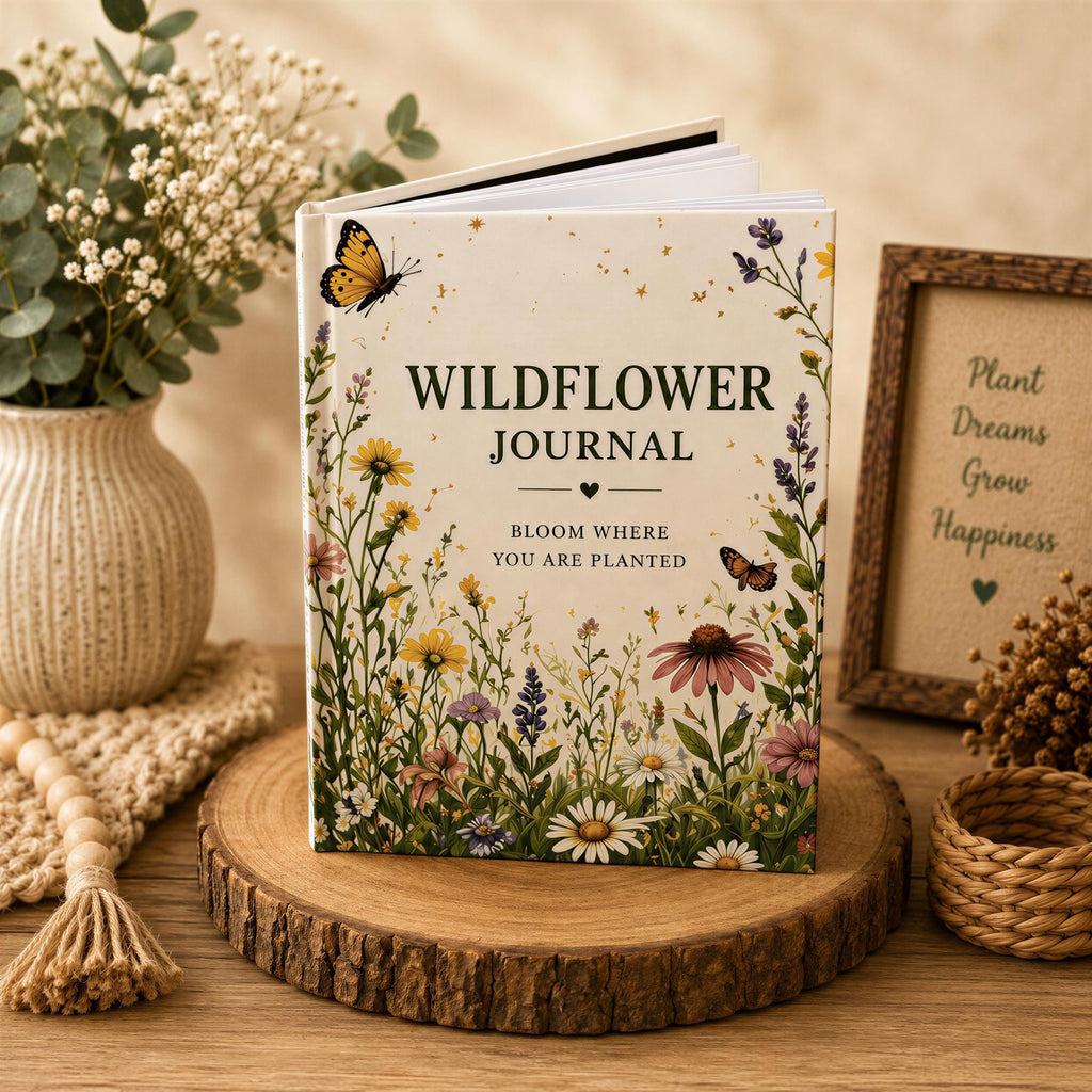 a book titled "Wildflower Journal" with a floral design on the cover, placed on a wooden surface surrounded by various decorative items such as a vase with white flowers, a framed picture, and a woven basket.