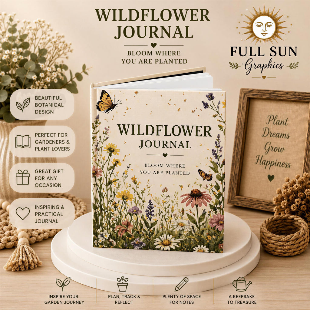 The image is an advertisement for a Wildflower Journal, featuring a book with a floral design and butterflies on the cover, surrounded by various garden-themed items such as a potted plant, a vase, and a basket.