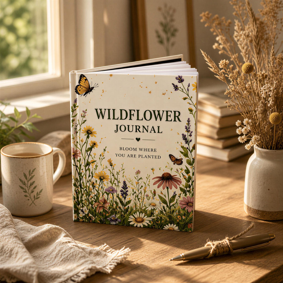 a book titled "Wildflower Journal" with a floral design, placed on a wooden table next to a mug, a pen, and a vase with dried flowers.