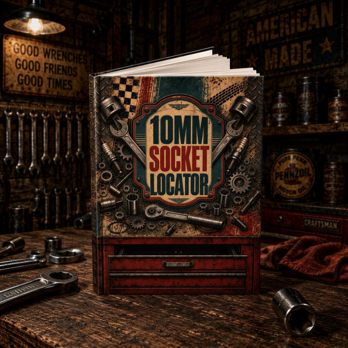 a book titled "10mm Socket Locator" with various tools and equipment surrounding it, including wrenches, sockets, and other hardware items, all set against a backdrop of a workshop or garage.