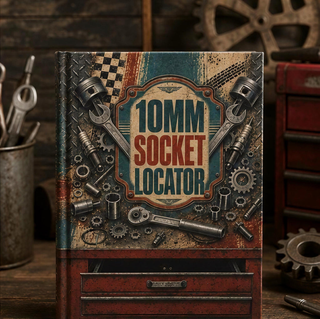 a book cover with a vintage-style design, surrounded by various tools and parts, including a wrench and a socket wrench.