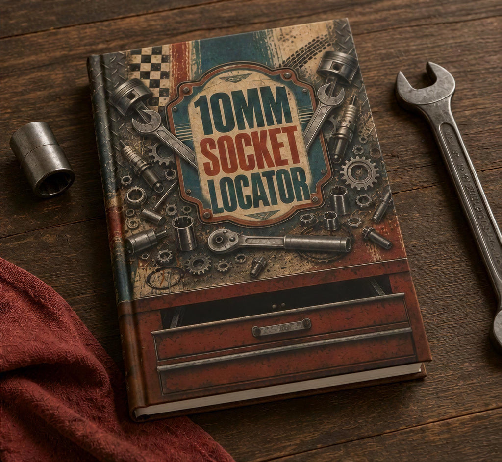 a book titled "10mm socket locator" with various tools and parts surrounding the cover, including a wrench and a socket wrench.
