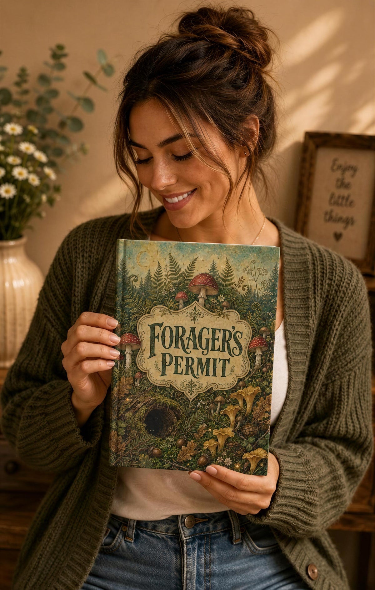 A woman is holding a book titled "Forager's Permit" and smiling at the camera.