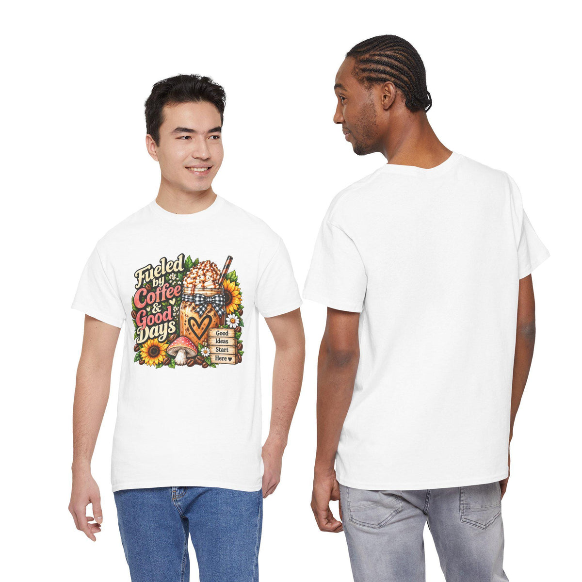 Fueled by Coffee & Good Days Tee | Coffee Cup, Sunflowers, Retro Cozy Design
