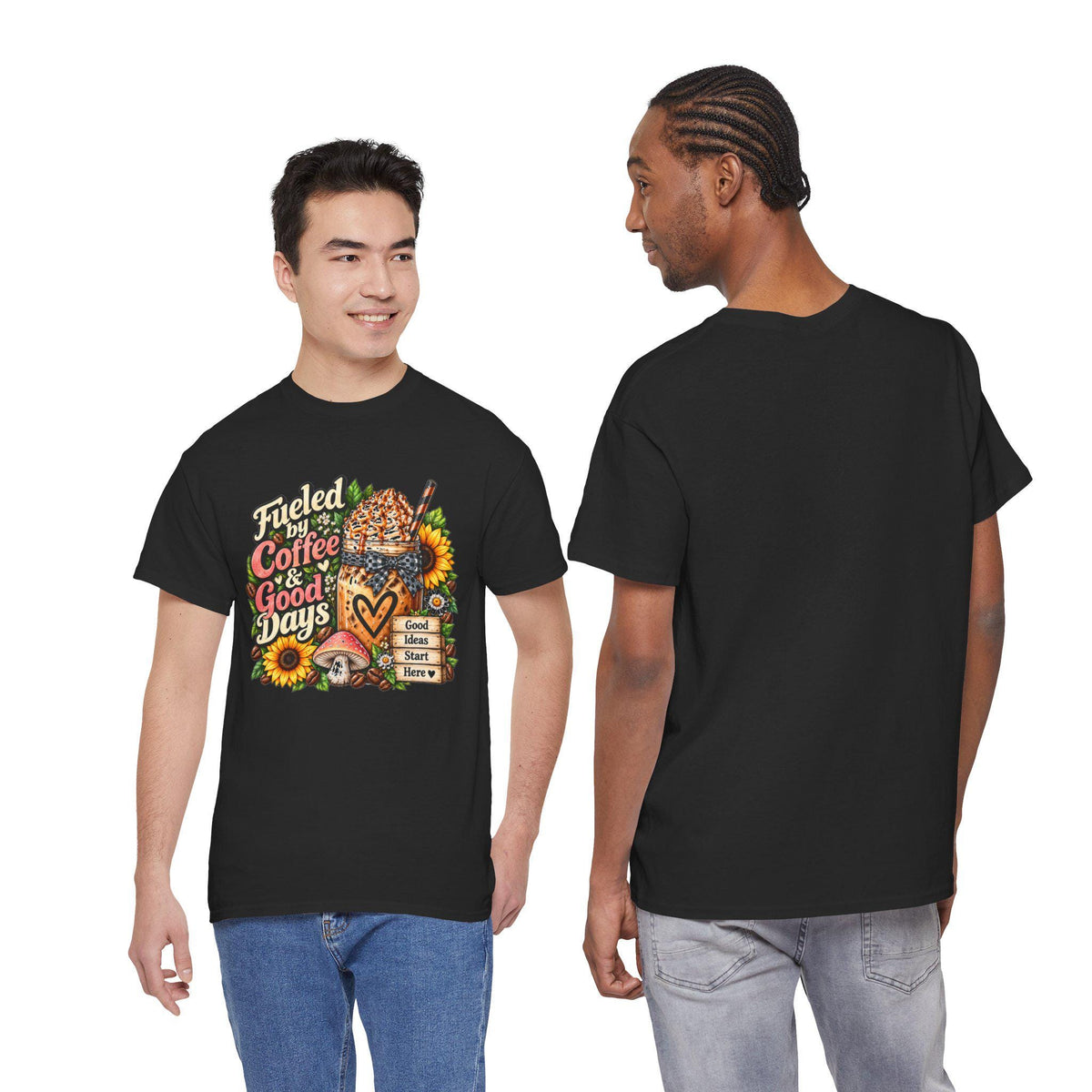 Fueled by Coffee & Good Days Tee | Coffee Cup, Sunflowers, Retro Cozy Design