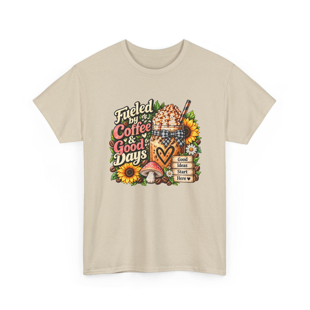 Fueled by Coffee & Good Days Tee | Coffee Cup, Sunflowers, Retro Cozy Design