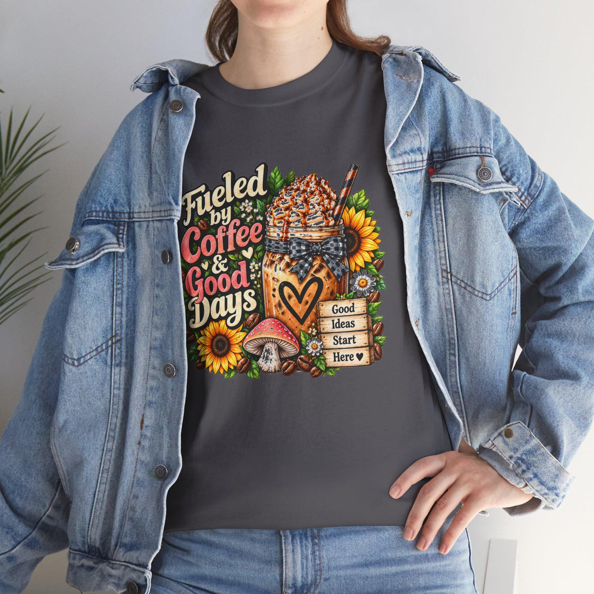 Fueled by Coffee & Good Days Tee | Coffee Cup, Sunflowers, Retro Cozy Design