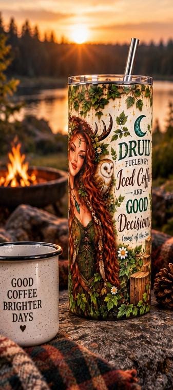 Druid Coffee Tumbler with Straw, Whimsical Fantasy Stainless Steel Insulated Cup, 20oz Skinny Mug