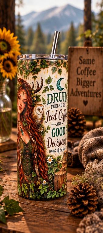 Druid Coffee Tumbler with Straw, Whimsical Fantasy Stainless Steel Insulated Cup, 20oz Skinny Mug