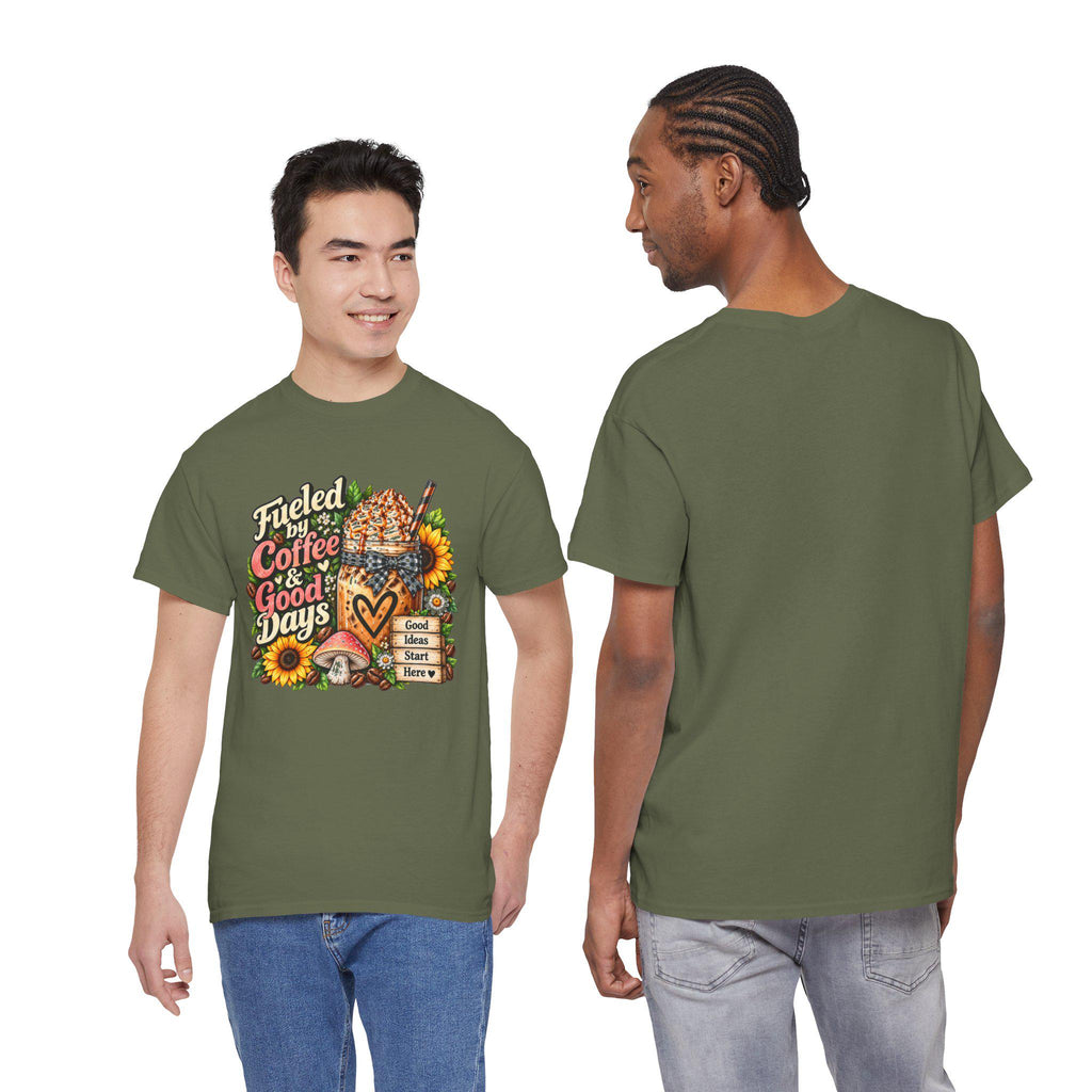 Fueled by Coffee & Good Days Tee | Coffee Cup, Sunflowers, Retro Cozy Design