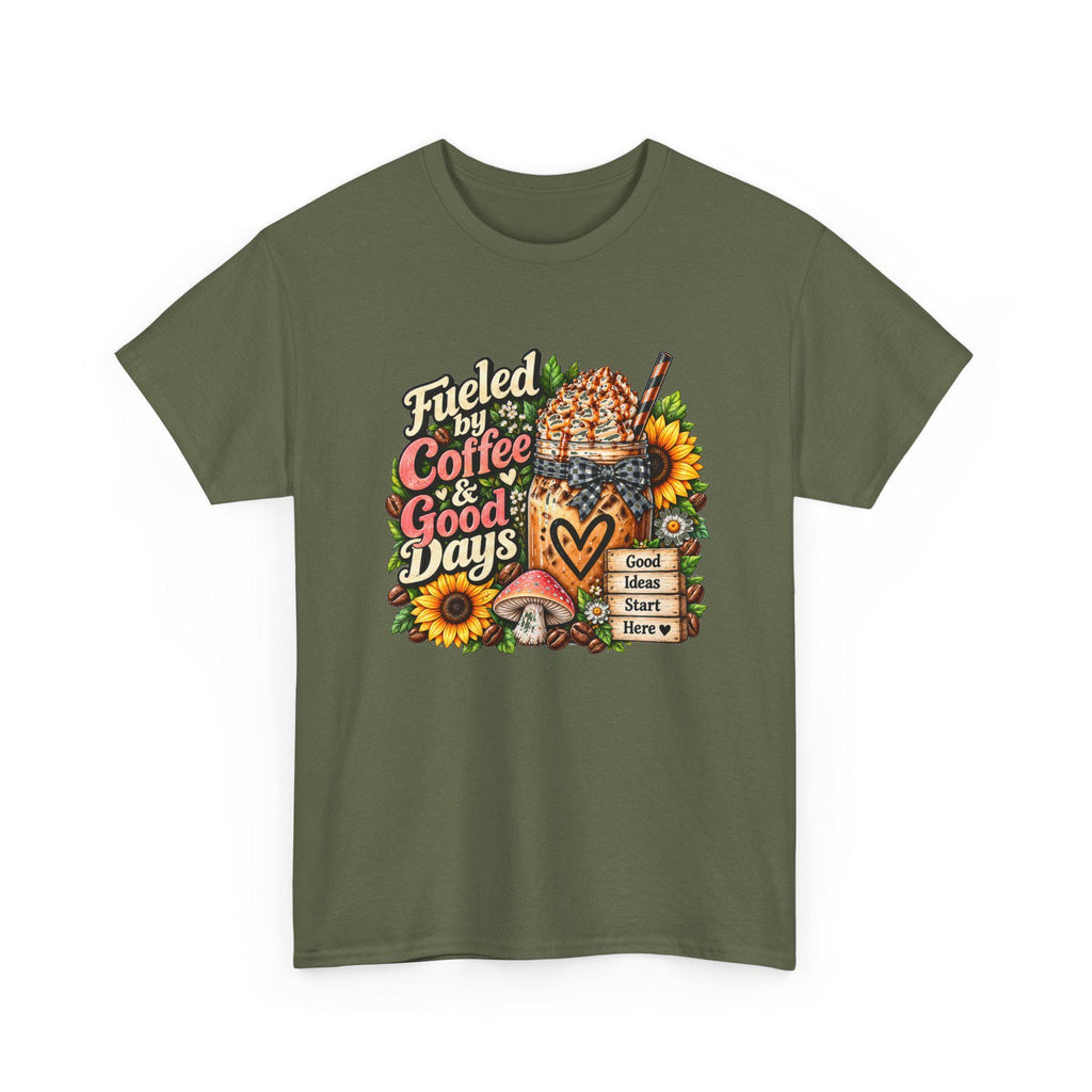Fueled by Coffee & Good Days Tee | Coffee Cup, Sunflowers, Retro Cozy Design