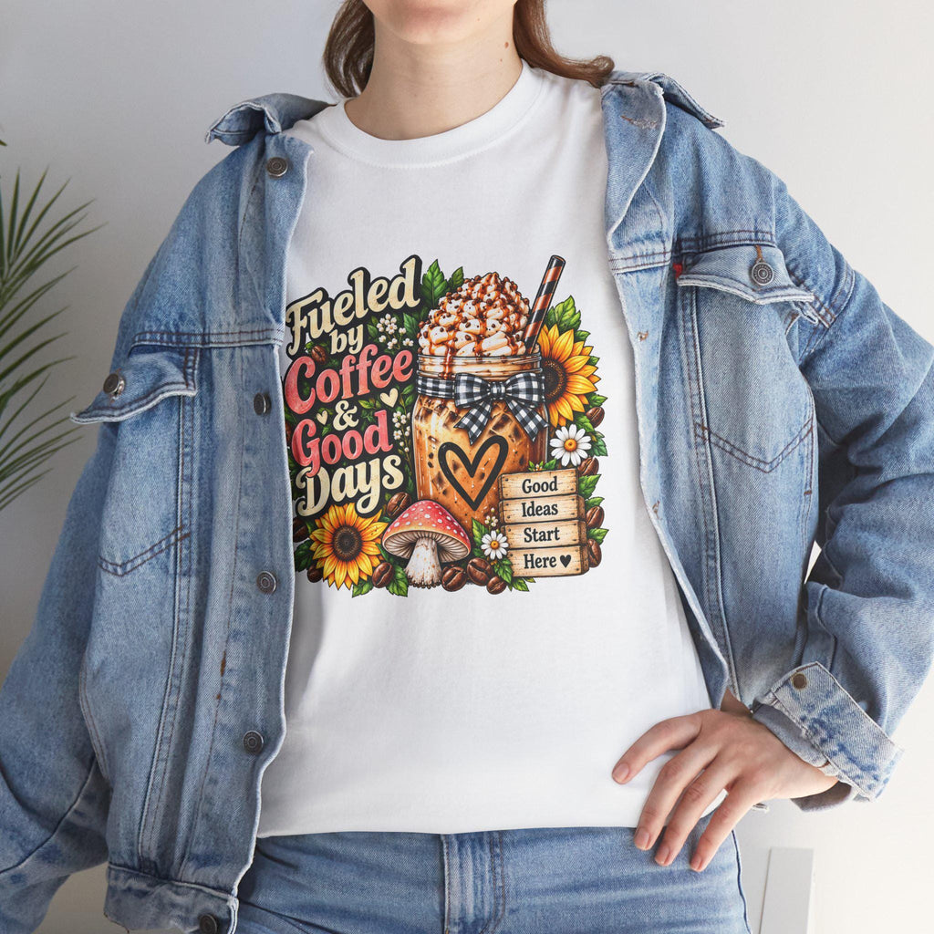 Fueled by Coffee & Good Days Tee | Coffee Cup, Sunflowers, Retro Cozy Design
