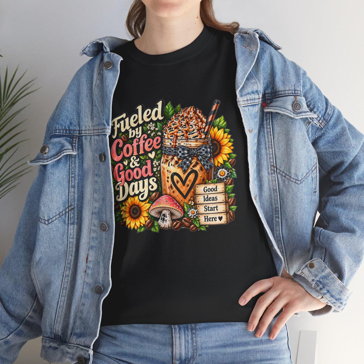 Fueled by Coffee & Good Days Tee | Coffee Cup, Sunflowers, Retro Cozy Design